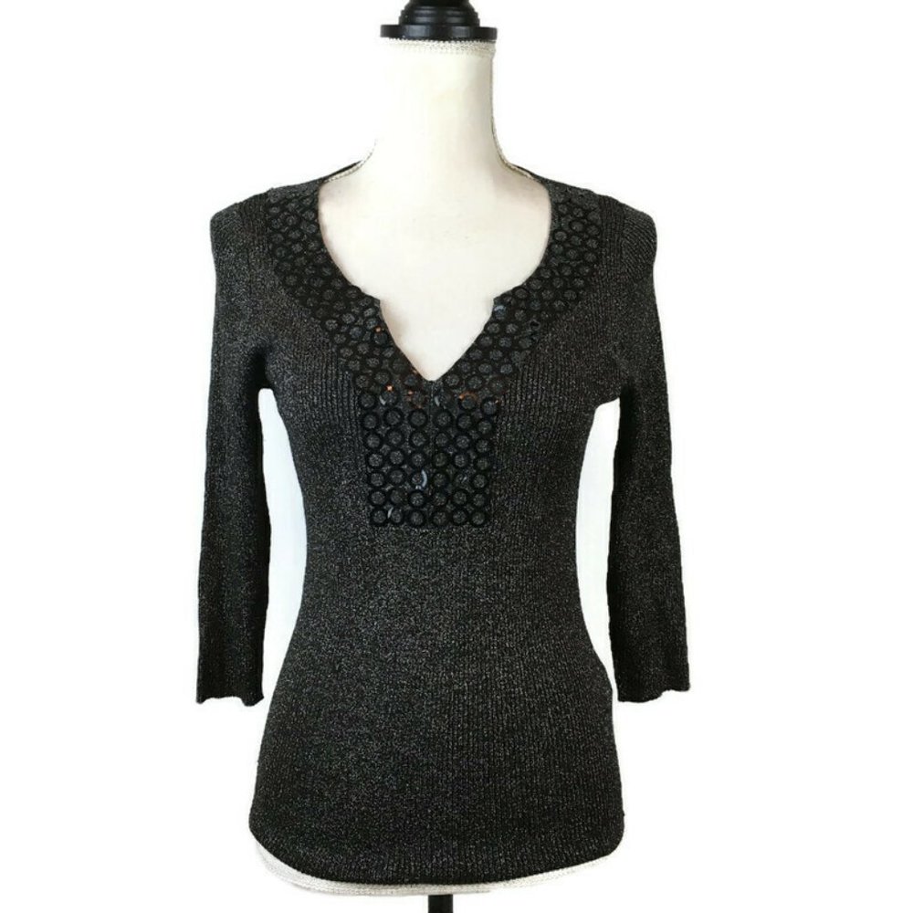 August Silk Top Size S Black Metallic 3/4 Sleeve